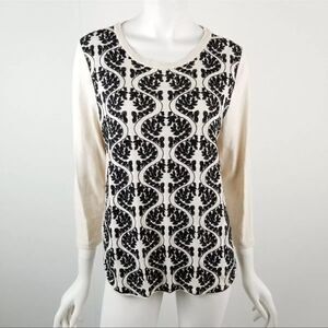 J. Crew Factory Damask Embroidered Front Top Black White Long Sleeve Size Large